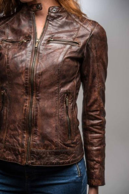 Women Brown Leather Distressed Jacket