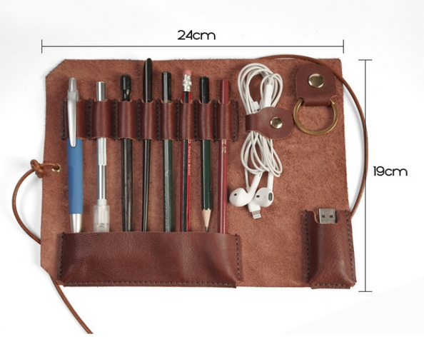 Genuine Brown leather pencil case roll