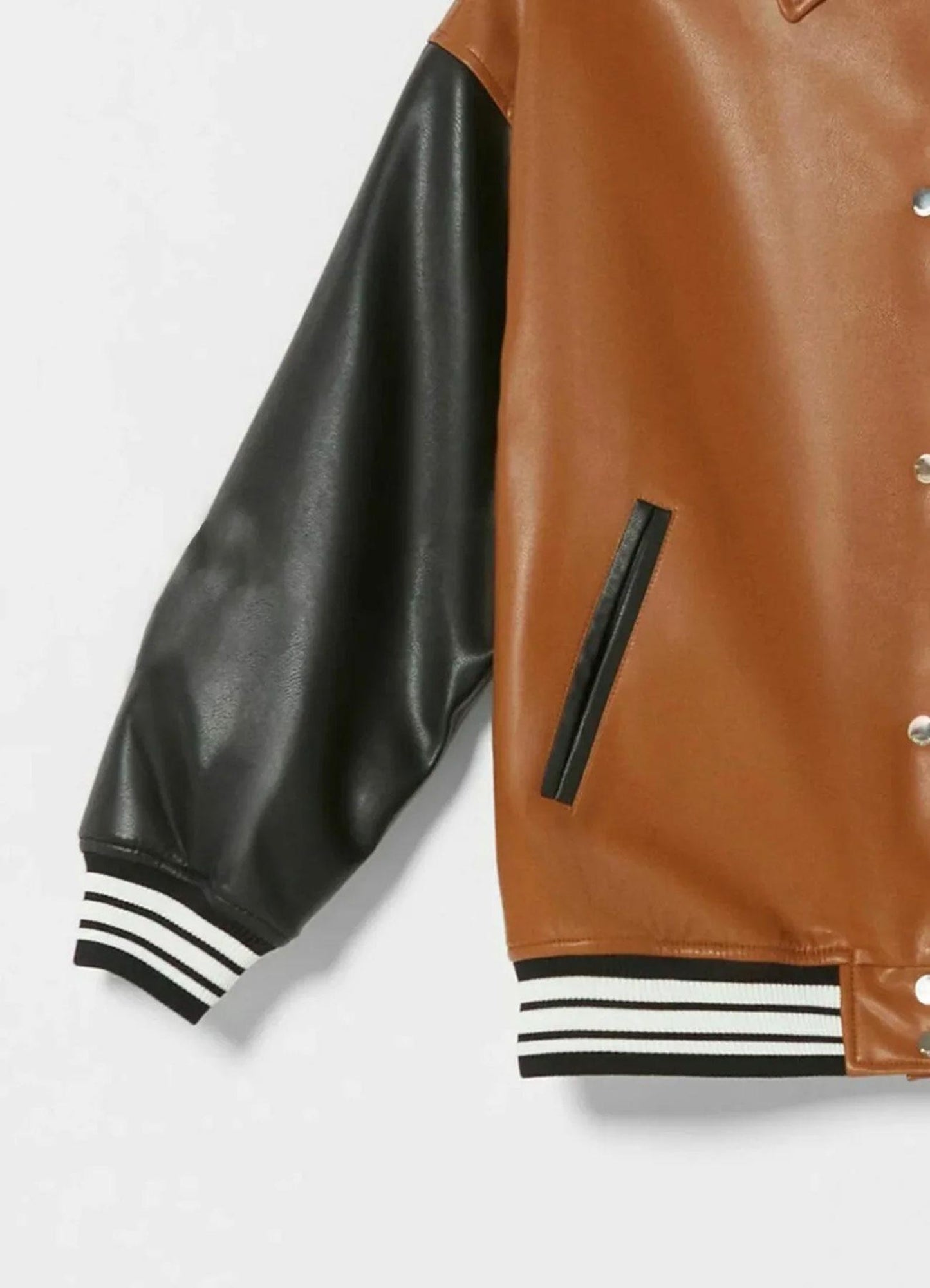 Women Leather Varsity Jacket brown black Sleeves