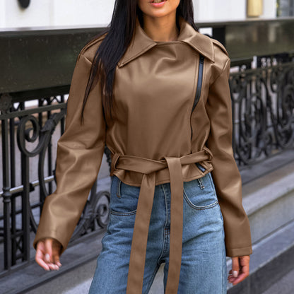 Slim Fit Cropped Faux Leather Moto Jacket for Women