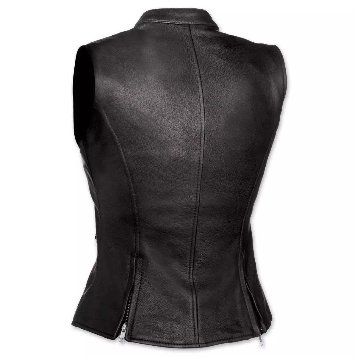 Women's black leather biker vest with a sleeveless cut, detailed zippers, and a classic motorcycle waistcoat look. A must-have for those who appreciate timeless, bold fashion.