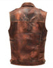 Men's Brown Leather Biker Vest with Patina and Pockets