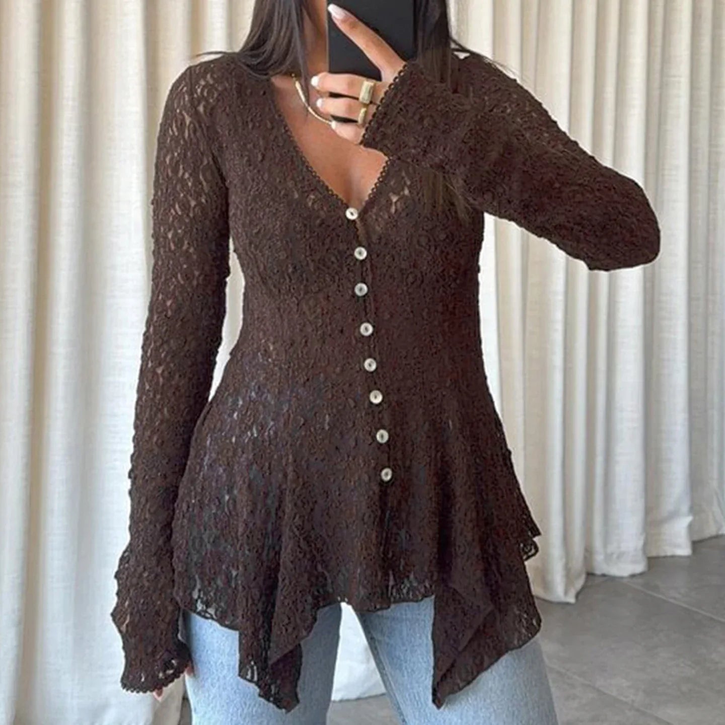 brown lace irregular hem button top cardigan