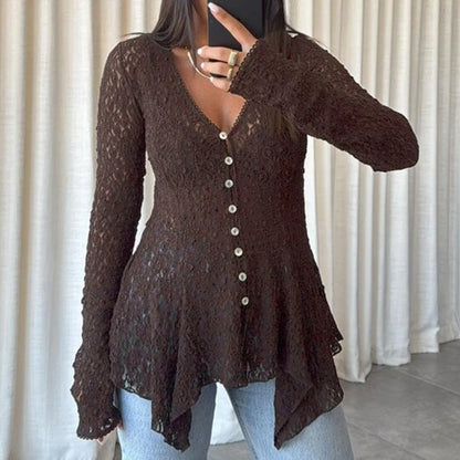 brown lace irregular hem button top cardigan