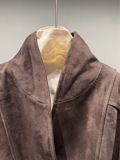 Women Goatskin Suede Short Leather Jacket with Belt