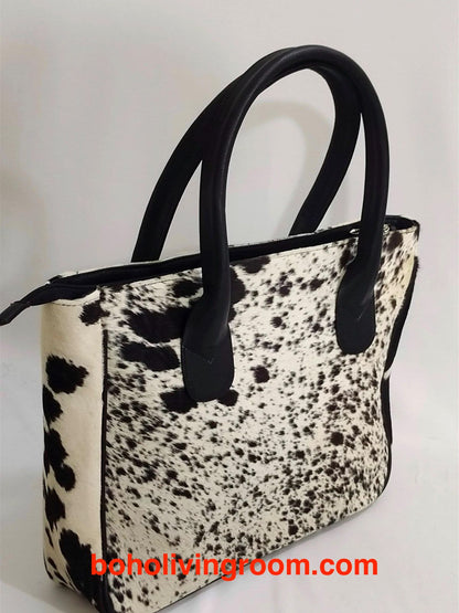 Large black white cowhide tote purse