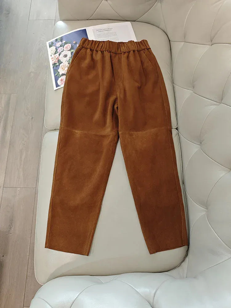 Women Suede Harem Pants High Rise Sheepskin Trousers 2 XS