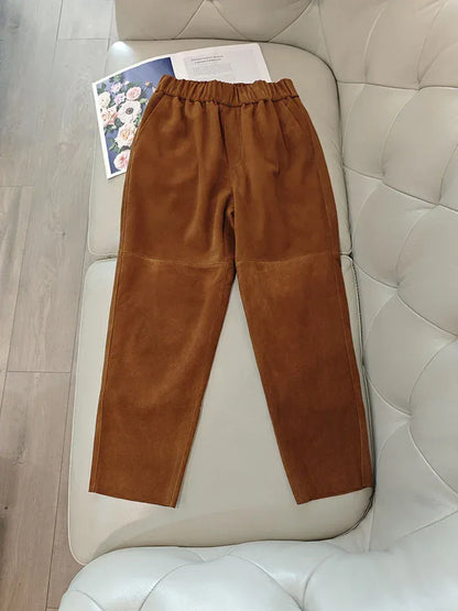 Women Suede Harem Pants High Rise Sheepskin Trousers 2 XS