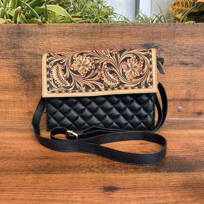 Quilted tooled leather crossbody bags