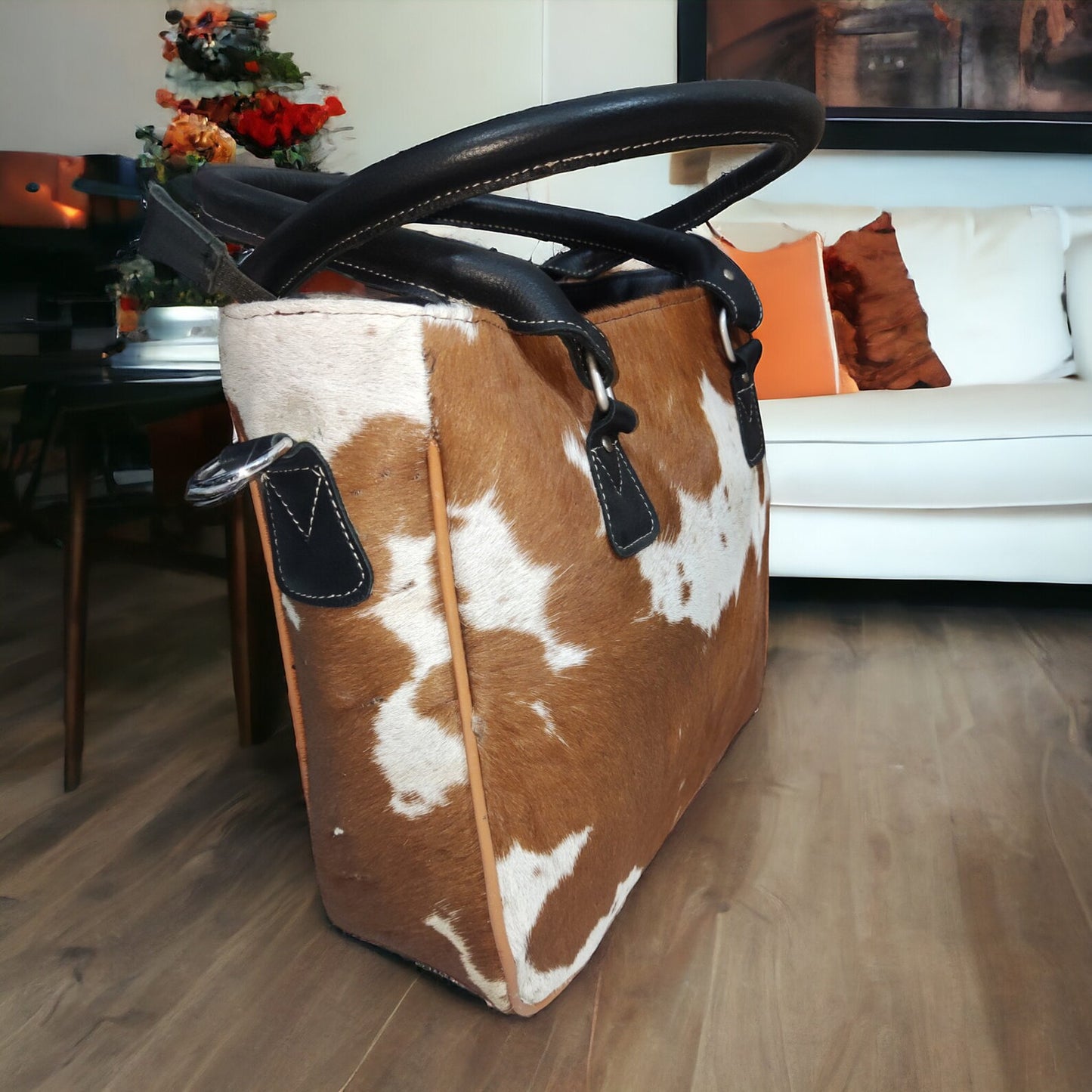 Cow hide tote purses brown white