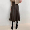 High Waisted Black Leather Midi Skirt A-Line Swing