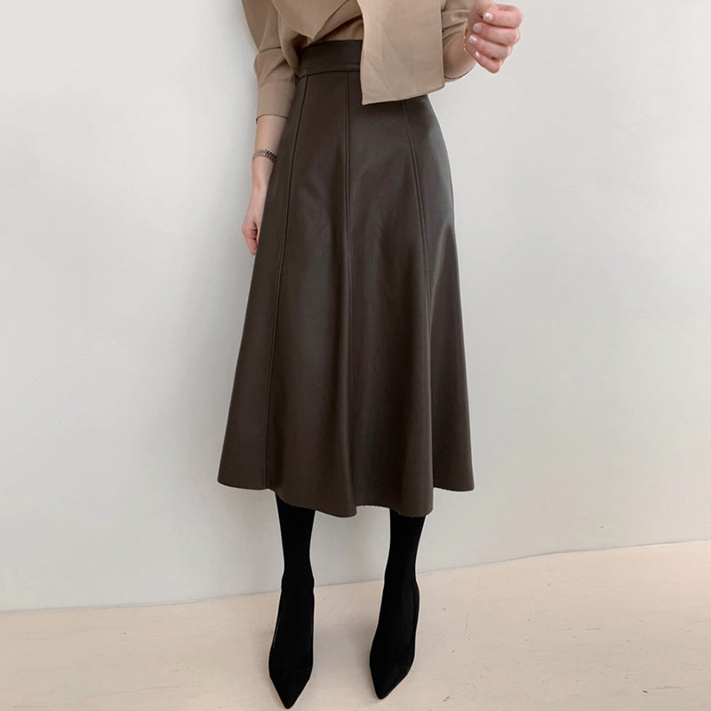 High Waisted Black Leather Midi Skirt A-Line Swing
