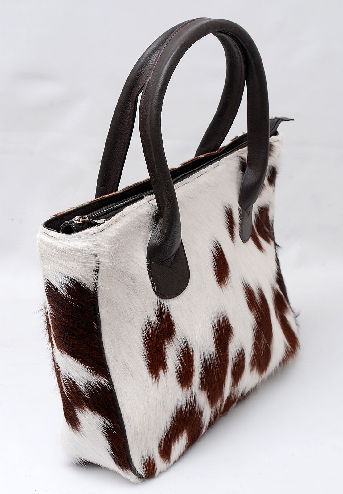 Cowhide Fur Tote Purse Brown White