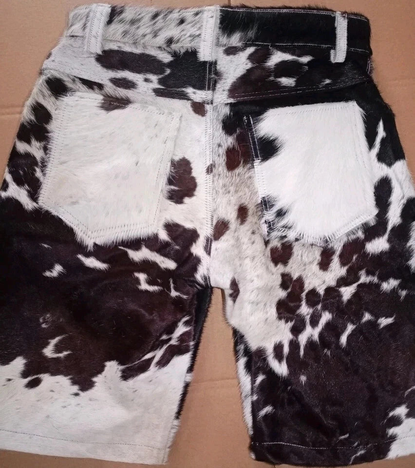 Tricolor cowhide shorts for men with real fur texture. High-rise waist, deep pockets, and authentic western look. 
