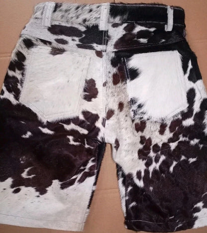 Tricolor cowhide shorts for men with real fur texture. High-rise waist, deep pockets, and authentic western look. 
