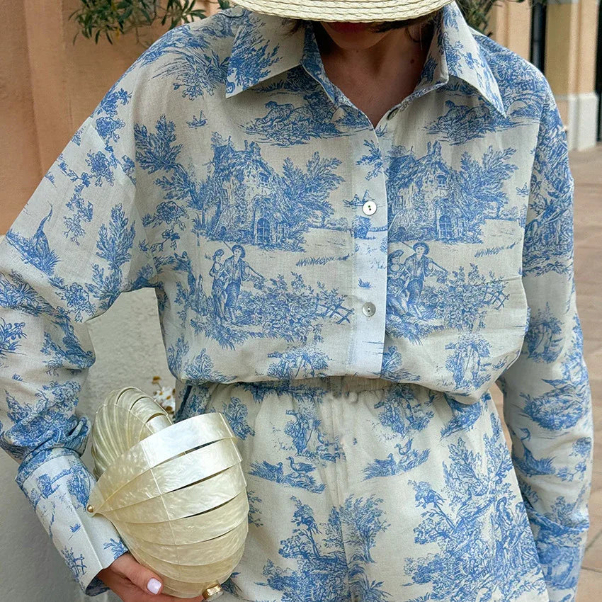 Printed long sleeve shirt shorts set 2 S