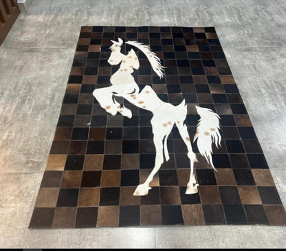 Dark Cowhide Patchwork Rug with Horse Design