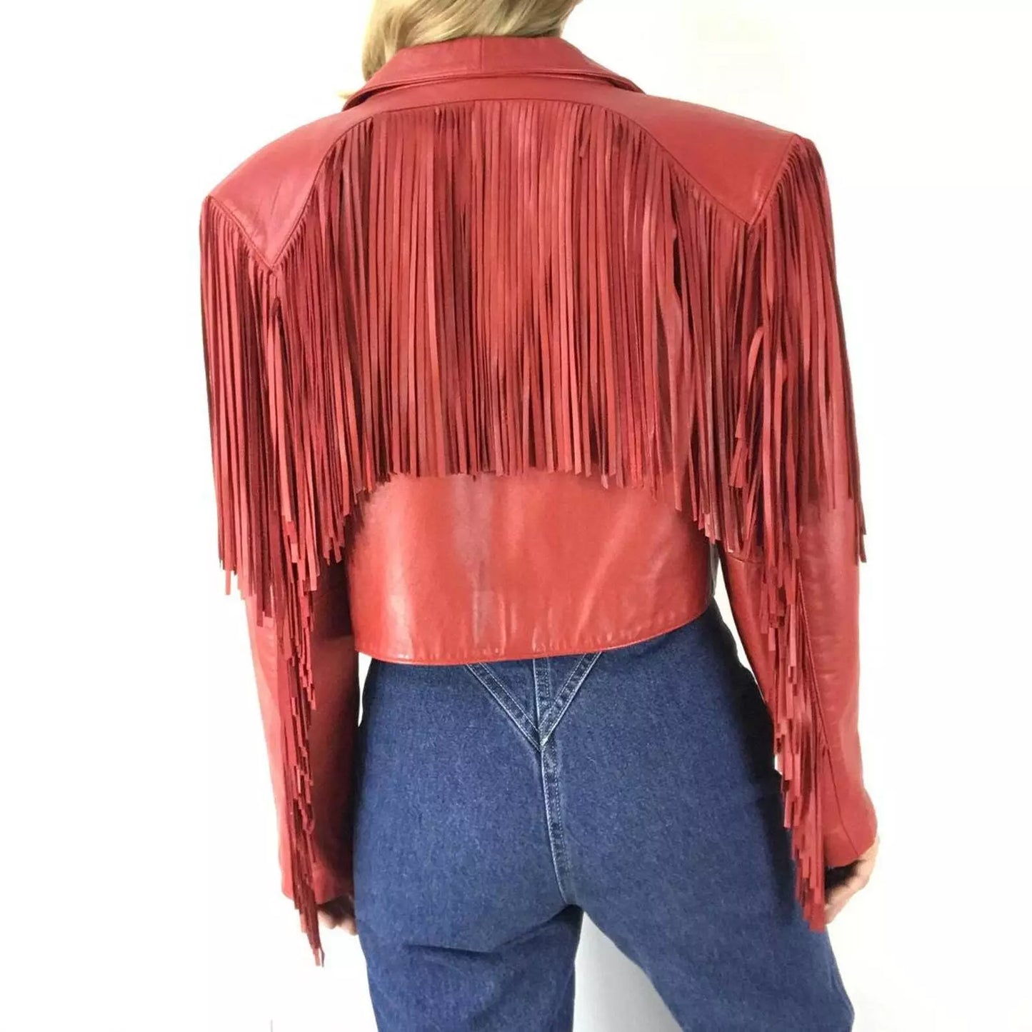 Women's Red Leather Fringe Jacket