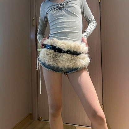 Wide faux fur belt women punk western waist chain 2