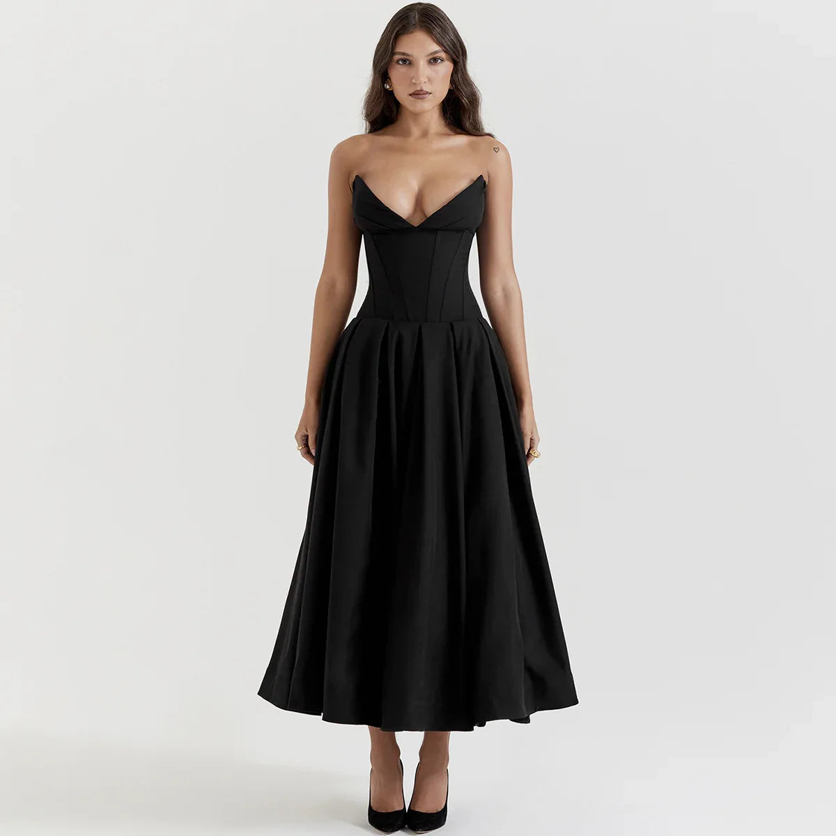 strapless v-neck corset a-line long dress Black S