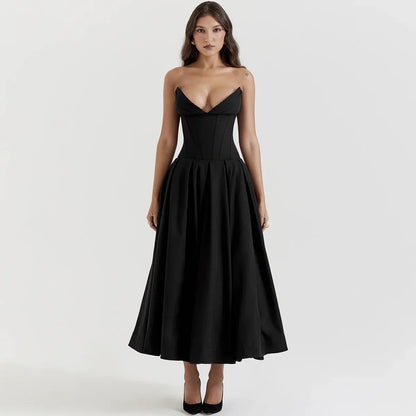 strapless v-neck corset a-line long dress Black S