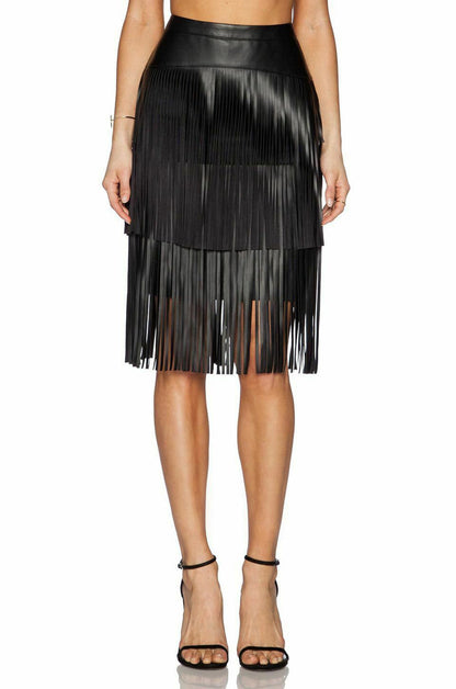 Real Leather Fringe Pencil Skirt