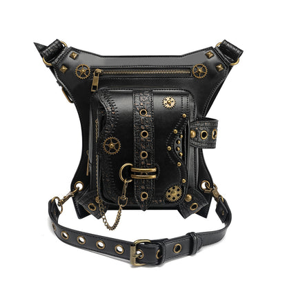 Punk Waist Leg Bag Black PU Chain and Motorcycle Style