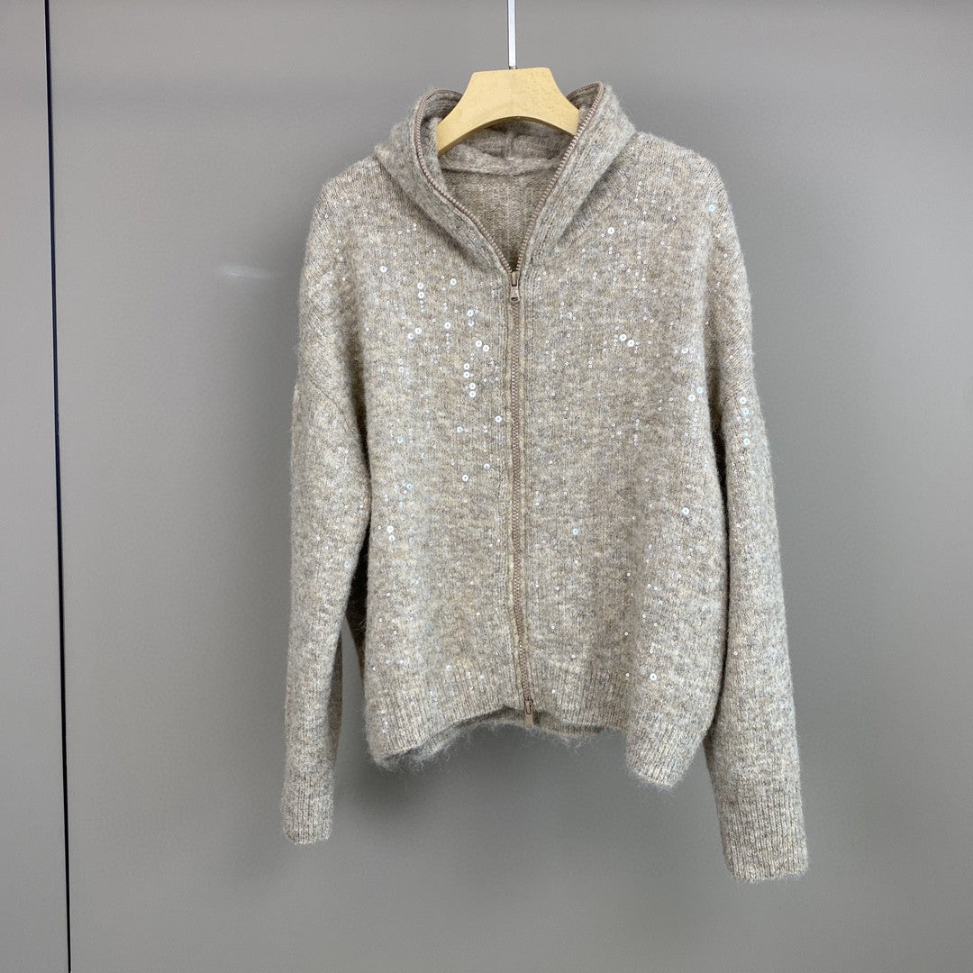 Women Mohair Cashmere Sequin Zip Cardigan Hoodie