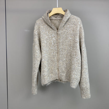Women Mohair Cashmere Sequin Zip Cardigan Hoodie