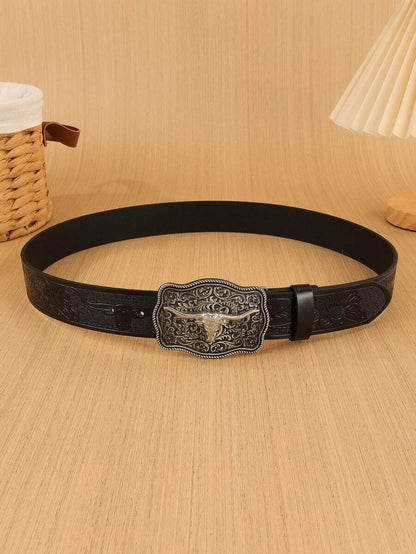 Western Longhorn Buckle Leather Belt for Men