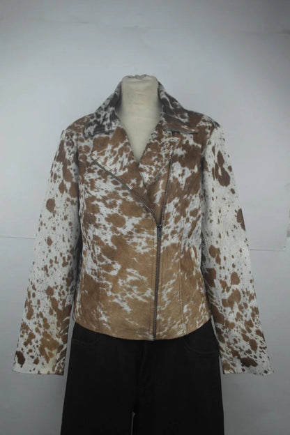 Women Cowhide Jacket Brown White