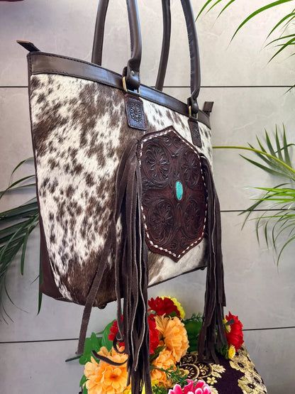 Cowhide Tooled Leather Handbag Fringe