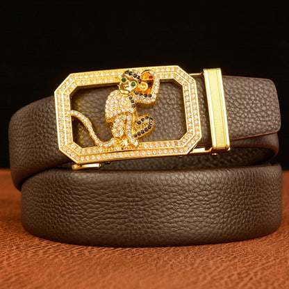 Men’s Full-Grain Leather Belt with Monkey Zodiac Gold Buckle