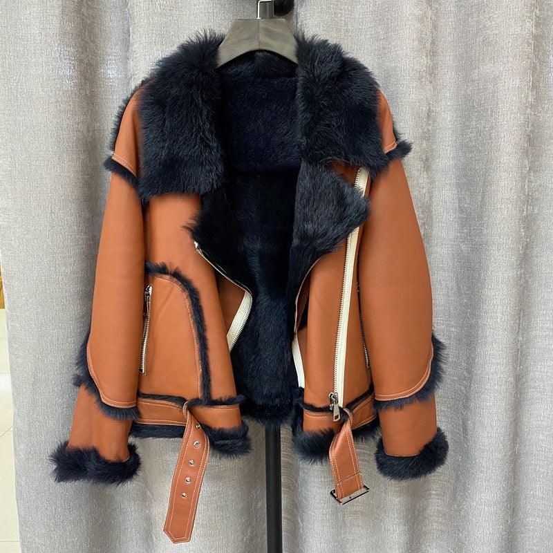 Women Shearling Leather Jacket Fur Bomber Coat 2 S