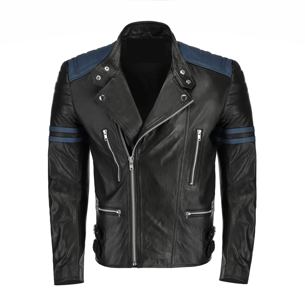 Blue And Black Biker Style Leather Jacket