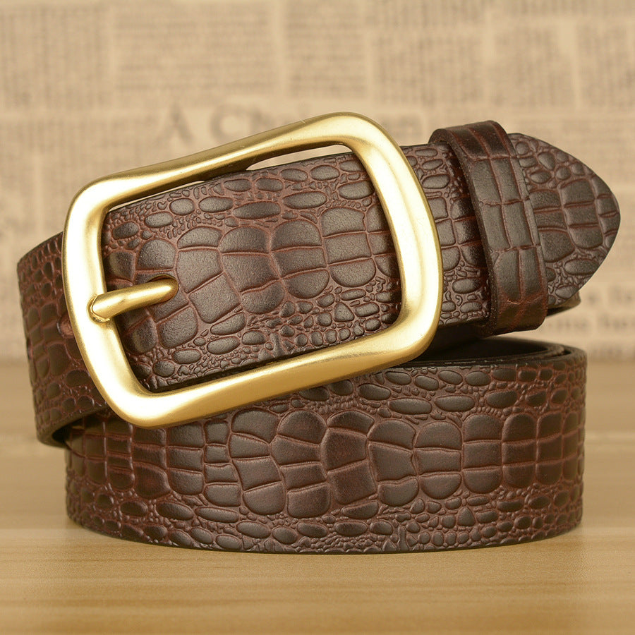 Men Leather Belt with Copper Buckle Crocodile Pattern