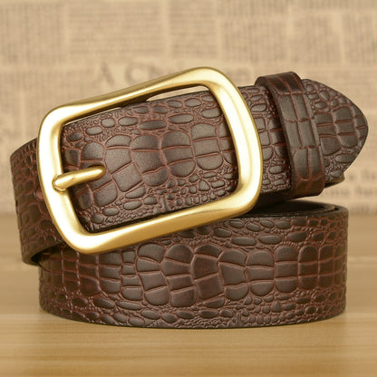 Men Leather Belt with Copper Buckle Crocodile Pattern