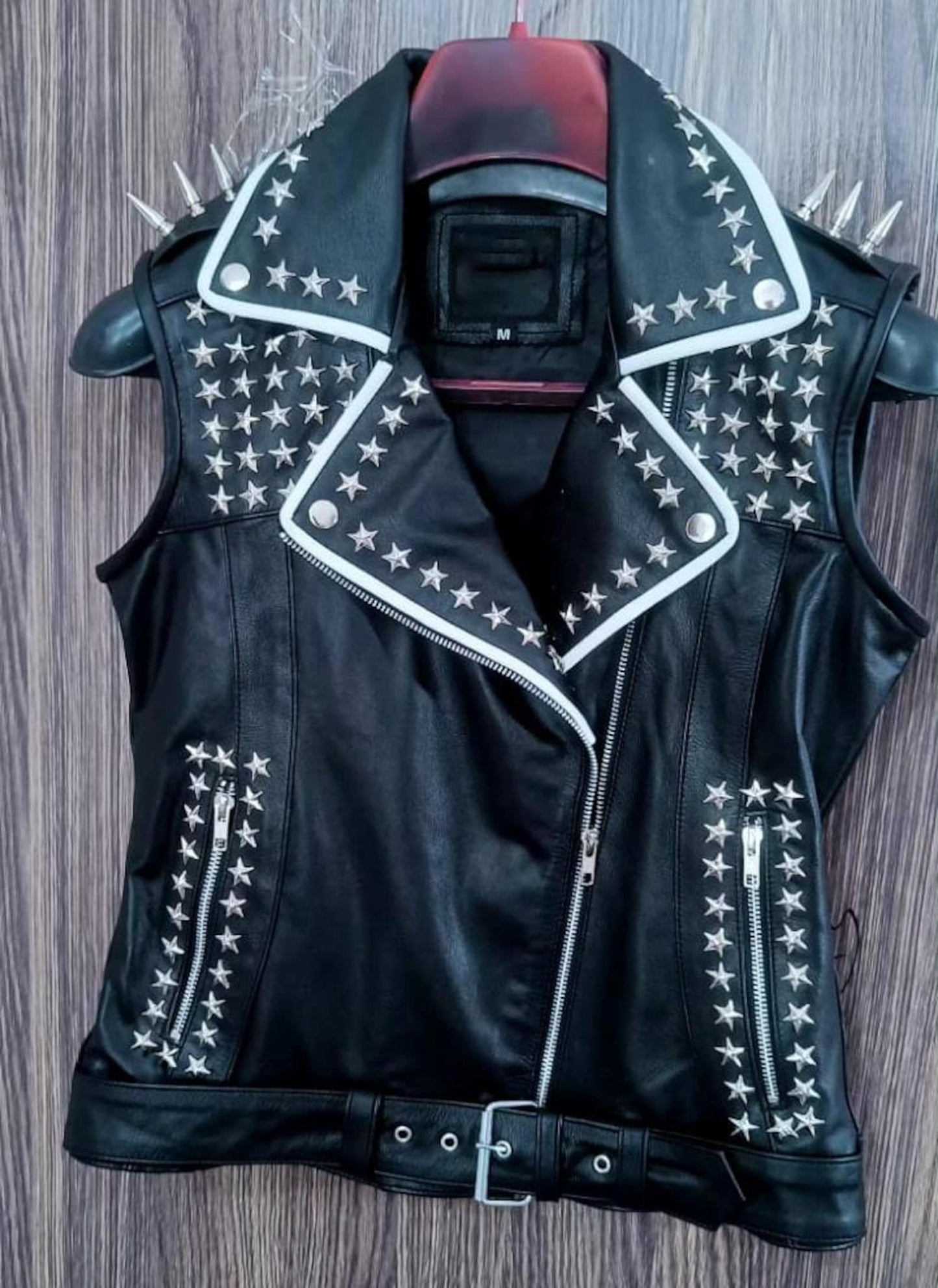 Punk Women's Leather Vest Star Studded Spiked