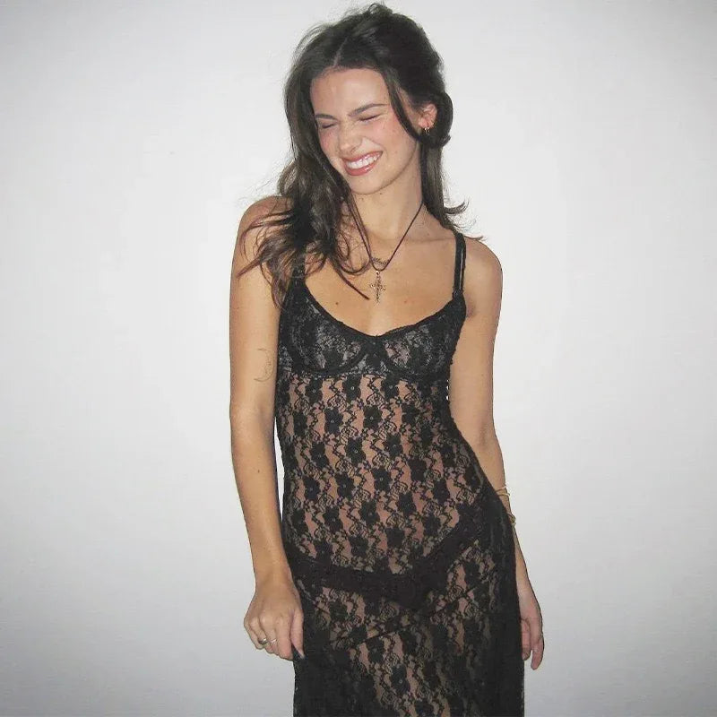 Sheer lace camisole midi dress for women 2 S