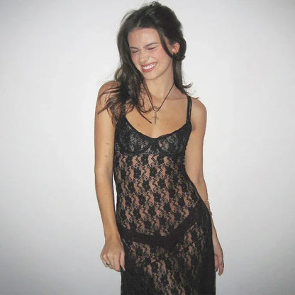 Sheer lace camisole midi dress for women 2 S