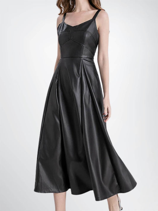 women sleeveless long leather dress