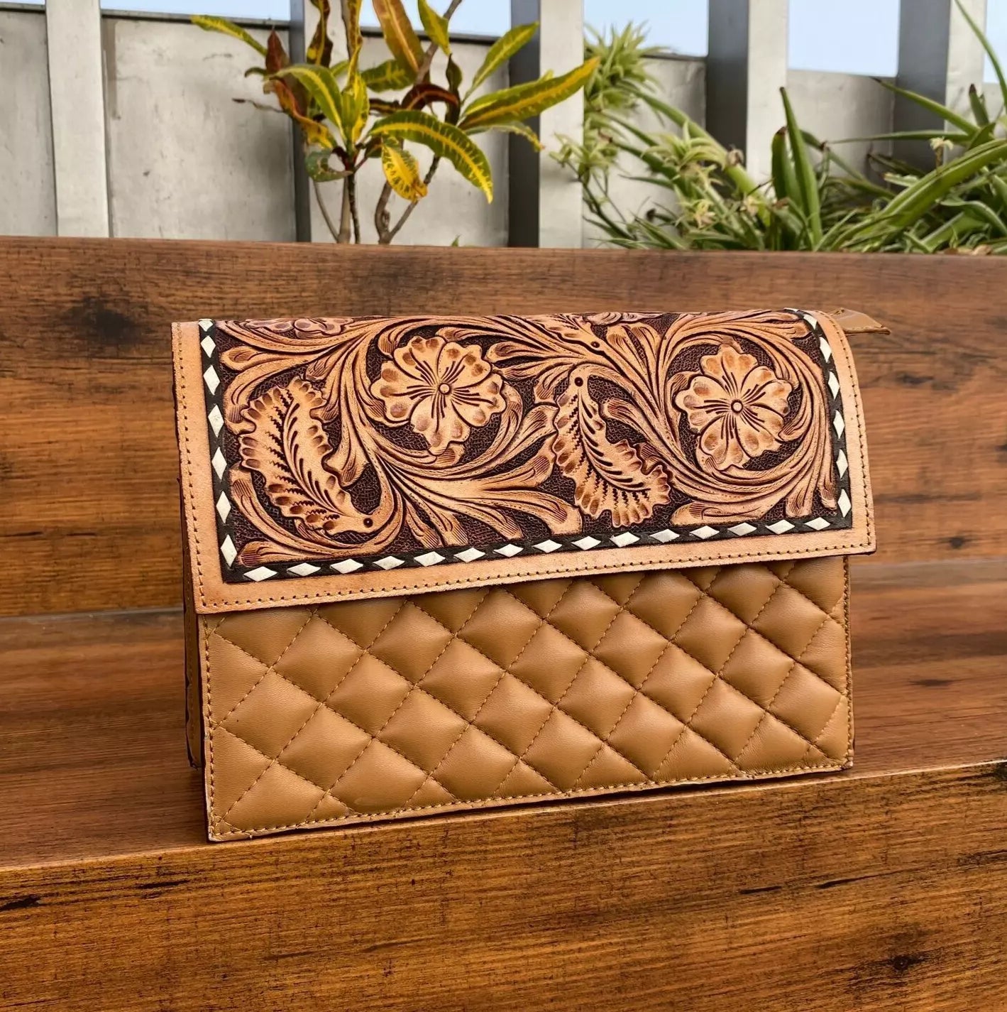 Tooled Quilted Leather Sling Handbag