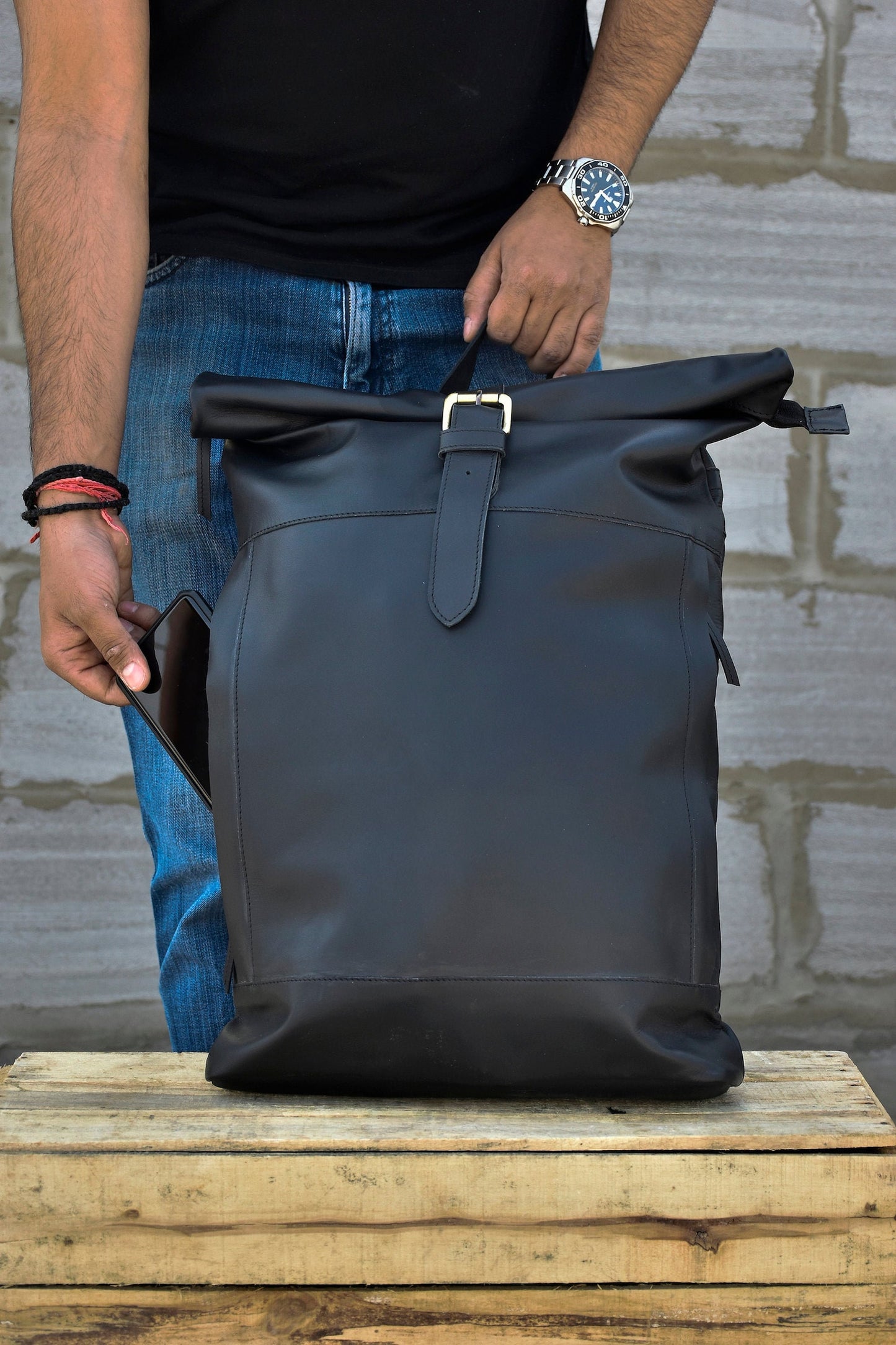 Real leather roll top backpack rucksack