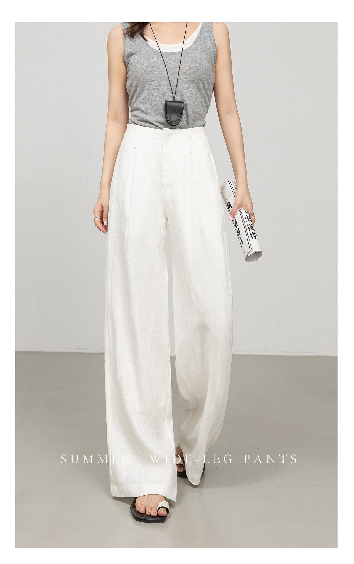 High waist women linen pants with wide leg