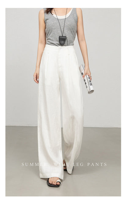 High waist women linen pants with wide leg