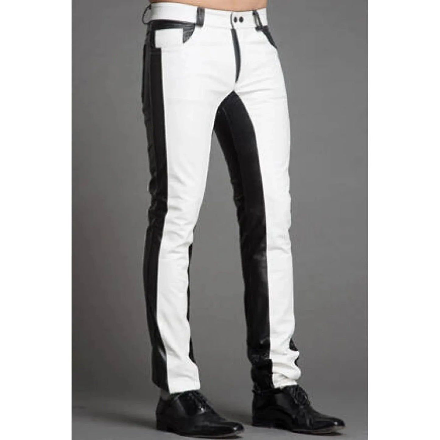 Genuine Leather Pants Men Black White