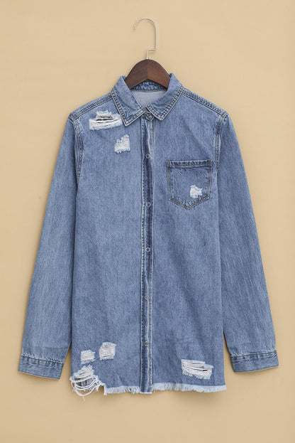 Oversized Distressed Denim Jacket Mid-Length
