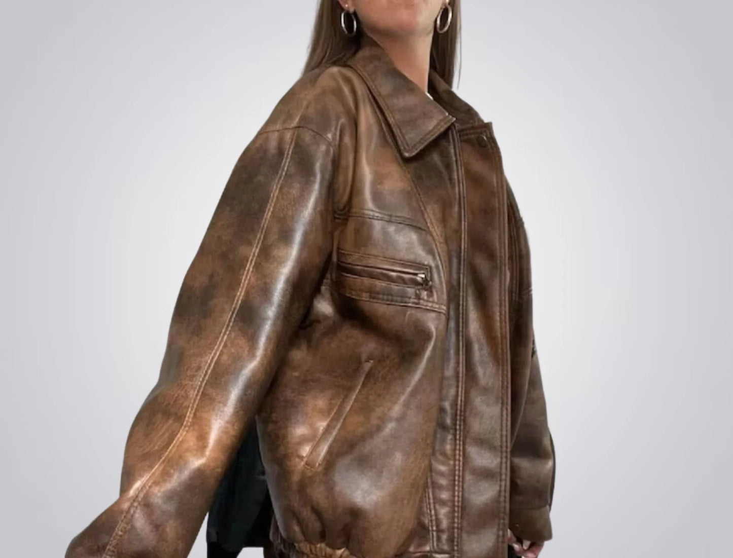 Women's Vintage Brown Leather Oversized Jacket