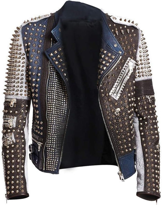 Men's Rock Punk Studded Motor Biker Leather Jacket