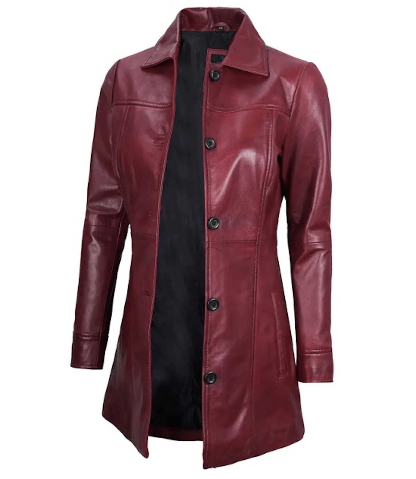 Genuine Leather Maroon Trench Coat